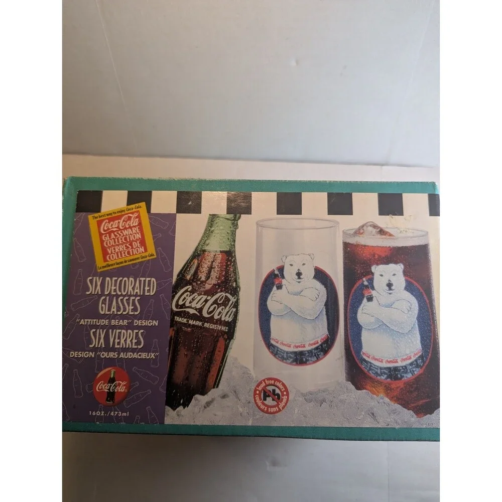 Coca Cola Glasses Seals & Cubs Original Box Indiana Glass VTG 1997 USA SET/6